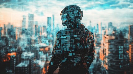 Digital Warrior in High-Tech Combat Suit Amid Futuristic Dystopian Setting