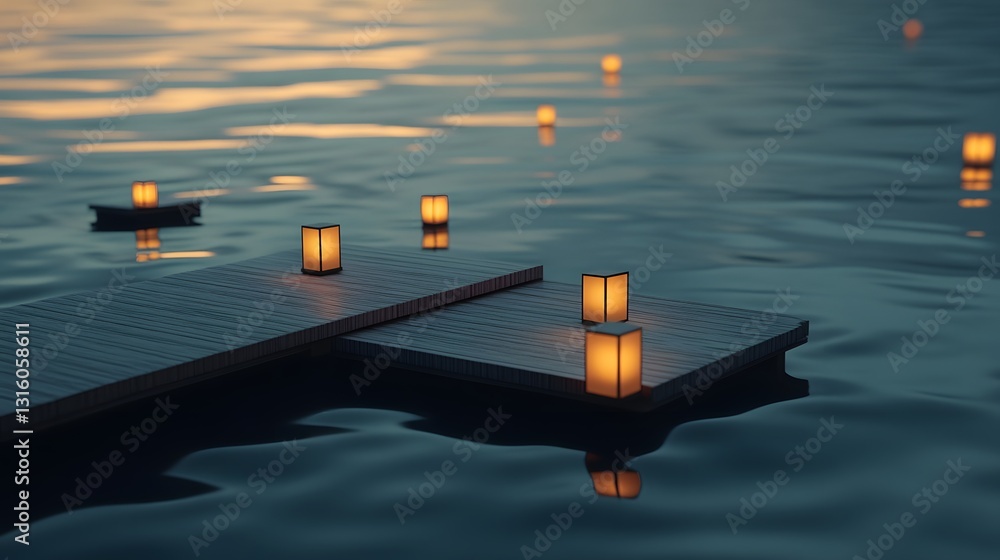 Poster a podium placed on a water surface with floating lanterns reflecting in the calm ripples