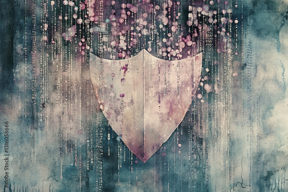 Poster this abstract artwork features a shield symbol set against a colorful, fluid background with digital