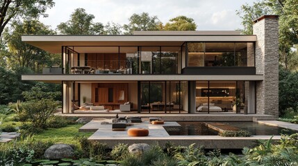 Fototapeta premium A modern two-story house with large windows, a stone chimney, and a reflecting pool
