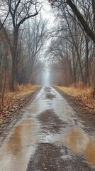 Obraz premium Foggy road through the woods after rain with reflection of trees and sky on the wet surface calm and peaceful scene with muted colors and a sense of mystery