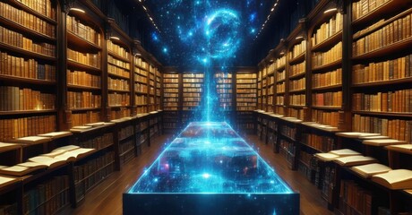 Cosmic library where every book ever written floats as glowing hologram readers selecting titles with mere thought ai archivists organizing knowledge