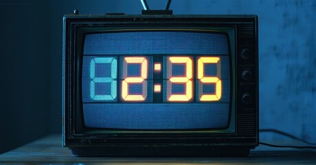 Countdown timer displayed on old television screen static flickering deep moody blues and soft yellow glow symbolizing time pressure and change