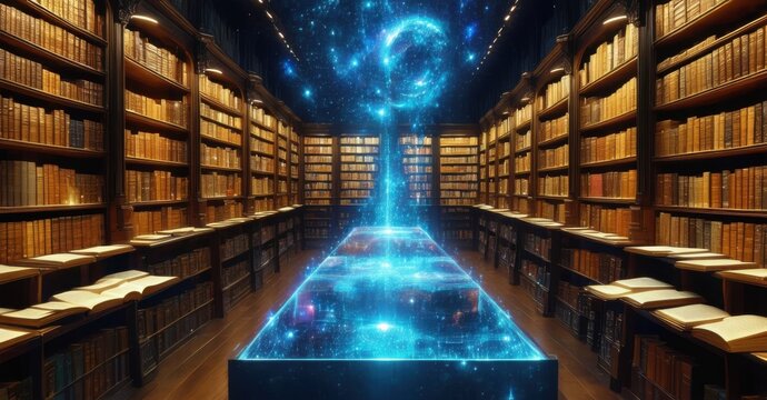 Cosmic library where every book ever written floats as glowing hologram readers selecting titles with mere thought ai archivists organizing knowledge