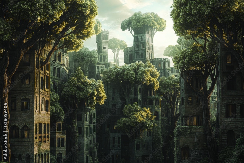 Poster a breathtaking scene showcasing an abandoned urban landscape intertwined with lush green trees, crea