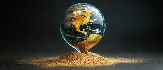 Conceptual earth globe on sand symbolizing climate change environmental issues and global warming crisis with dark background and dramatic lighting