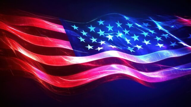 Futuristic neon American flag close-up with glowing white, red and blue lines on black background. USA Flag Day, US Memorial Day