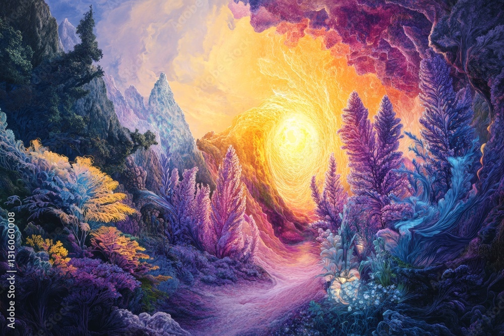 Poster a mesmerizing forest scene filled with vibrant colors and enchanting light, inviting viewers into a 