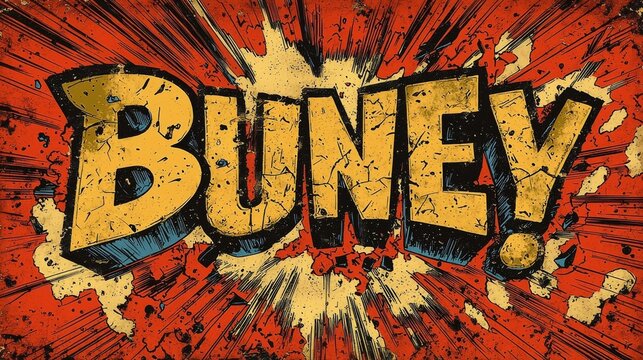 Buney! Comic Book Style Explosion Text - Red, Yellow, and Blue.