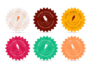Brightly colored labels featuring a variety of ice cream flavors showcasing options such as vanilla bean, double chocolate and strawberry cheesecake.