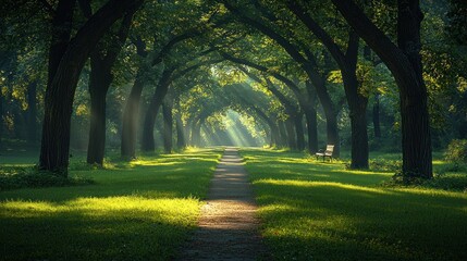 Obraz premium Pathway through lush greenery, sunlight filtering, casting shadows. A serene park bench awaits