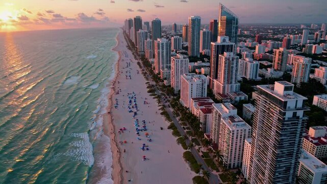 Aerial video view of a coastal cityscape at sunset, showcasing skyscrapers and a bustling beach, captured from a high angle perspective.