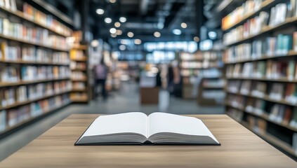 Fototapeta premium An Open Book With Blank Pages Rests On A Light Brown Wooden Table In A Blurred, Well Lit Library Filled With Tall Bookshelves Perfect For Education Concepts.A Quiet Space For Studying And