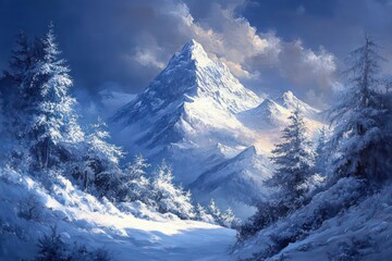 The magnificent presence of a mountain completely enveloped in fresh snowfall.