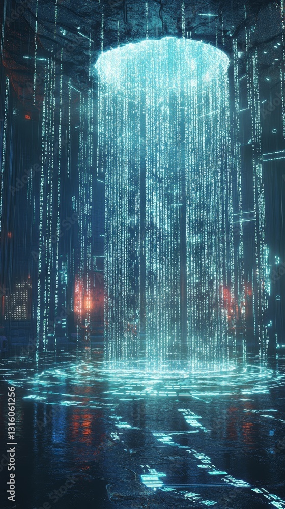 Poster a captivating futuristic scene showcasing a luminous cascade of binary code descending in a dark spa