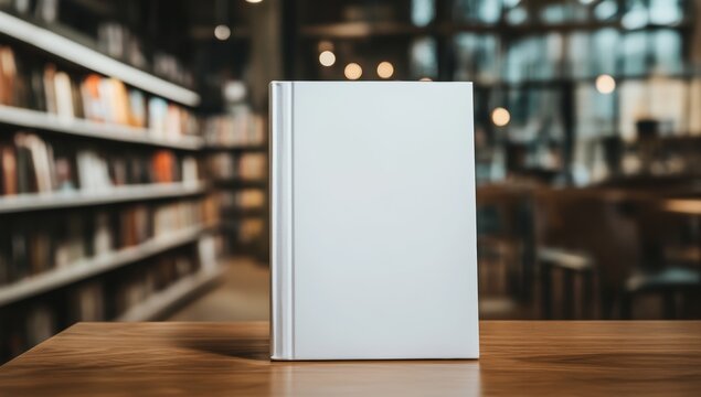 A Blank White Book Cover Mockup on a Wooden Table with a Blurred Bookshelf Background Ideal for Displaying Book Covers, Showcasing Literary Publications, Promoting New Releases, or Illustrating