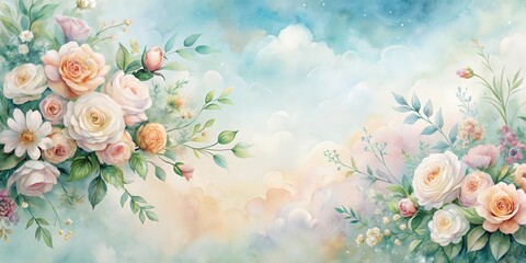 Serene watercolor painting of pastel roses and foliage against a dreamy sky backdrop, ideal for decorative purposes and enhancing a tranquil atmosphere