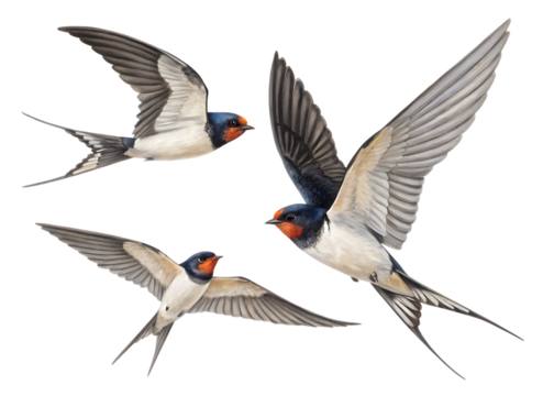  swallows in mid flight with detailed wingspans rea backgorund white