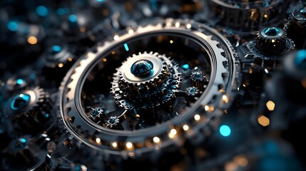 Intricate close-up of interlocking gears with glowing elements, showcasing mechanical complexity and innovation