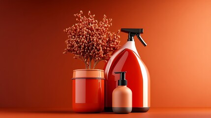 Autumnal Hues: 3D Render of Cleaning Products and Decorative Plant AI Generated
