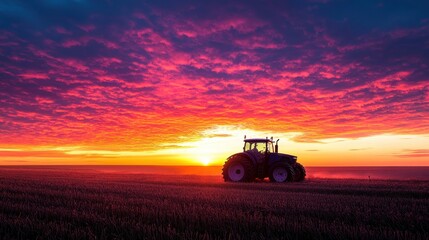 Fototapeta premium Tractor in field at vibrant sunset, dramatic clouds. Illustrates farming, agriculture, hard work, and the beauty of nature.
