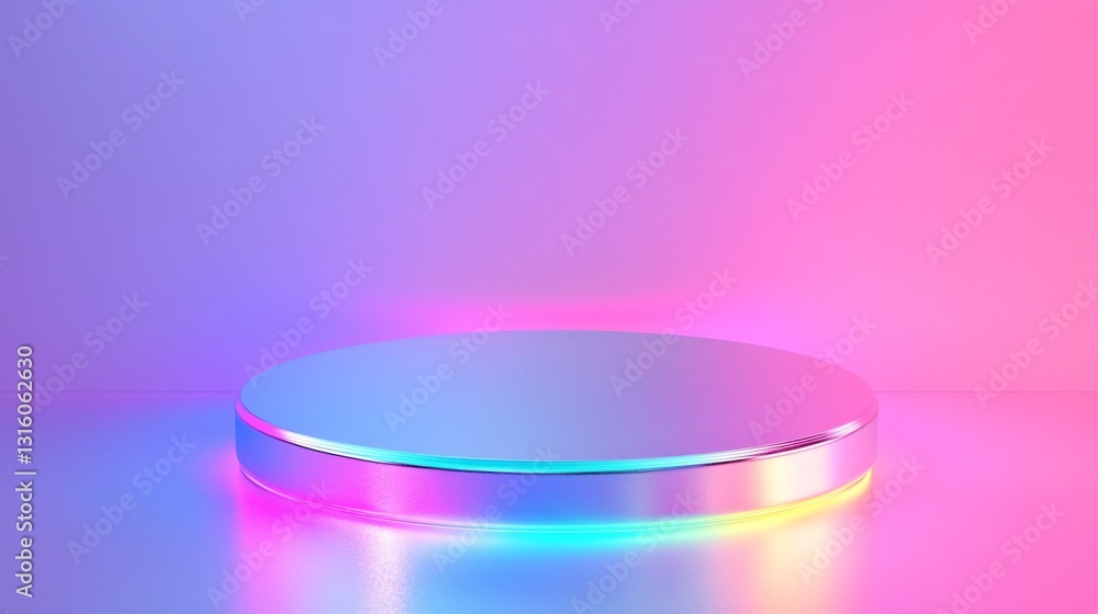 Poster a sleek round panel emits a soft blend of pink and blue light, setting a whimsical stage for artisti