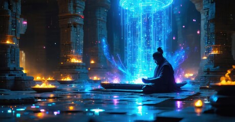 Digital shaman performing ritual inside glowing cyber temple neon symbols floating around as ai spirits emerge from quantum computer