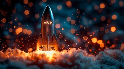 Obraz premium MVP Rocket Launch Business Innovation & Startup Success, Goal Achievement, Futuristic Concept Illustration.