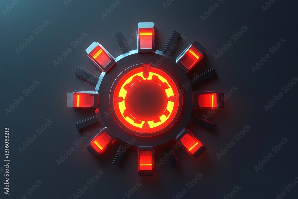 Poster a captivating futuristic mechanism featuring a glowing red design in circular shape. perfect for tec