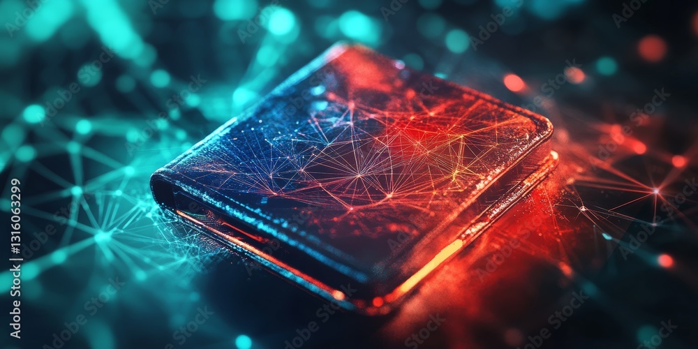 Poster a computer chip is shown in a blue, red, and green color scheme. the image has a futuristic and tech