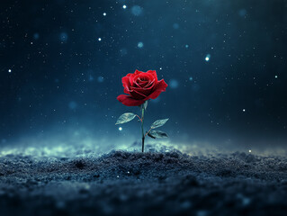 single red rose growing in the middle of a dark, starry night. It blends simplicity with profound meaning, creating a sense of beauty, solitude, and mystery.