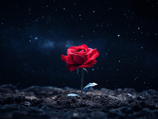 single red rose growing in the middle of a dark, starry night. It blends simplicity with profound meaning, creating a sense of beauty, solitude, and mystery.