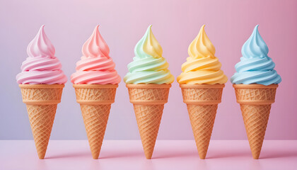 Four Colorful Ice Cream Cones on a Pastel Background