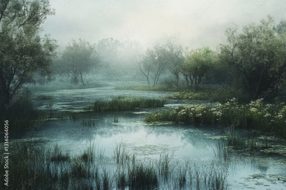 Poster a captivating view of a misty wetland at dawn, showcasing reflective waters surrounded by lush green
