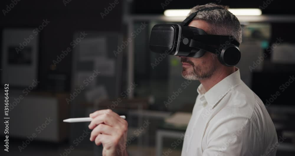 Poster architect, man and virtual reality for drawing, creative and design in metaverse with future tech at