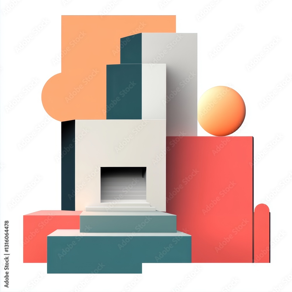 Poster colorful building with a red ball in the middle. the building is made up of different shapes and col