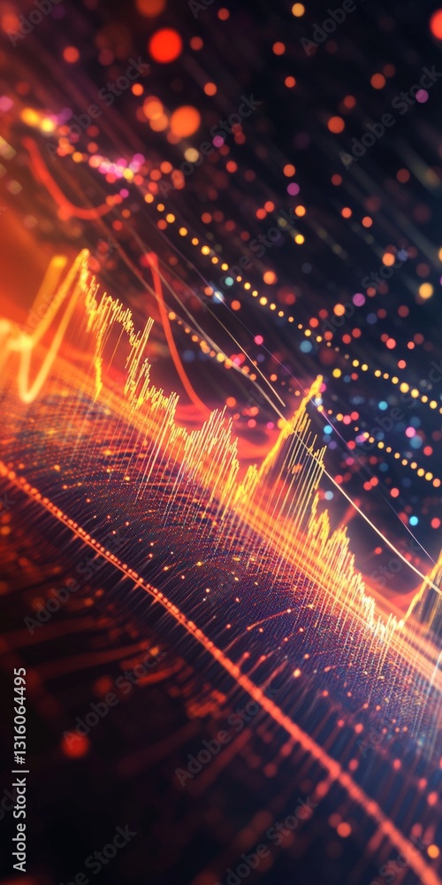 Poster colorful digital data visualization with dynamic waveforms and geometric patterns representing trend