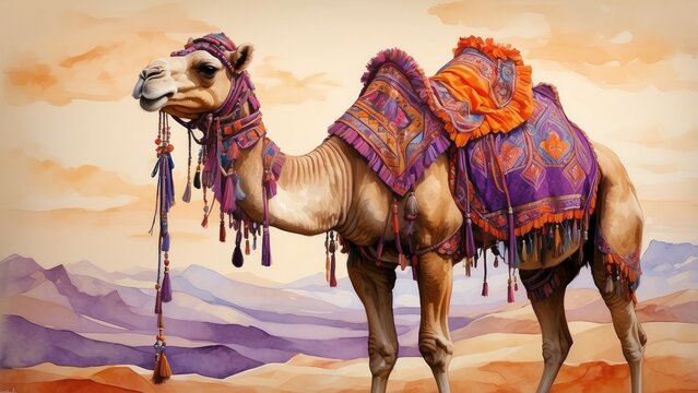 A decorated camel stands gracefully, adorned with a vibrant patterned saddle blanket featuring shades of orange,