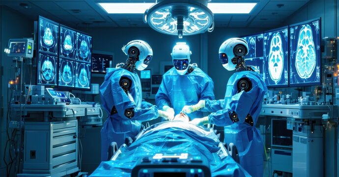 Fully automated ai run hospital with robotic surgeons operating on patient glowing holographic monitors displaying real time diagnostics and brain scans