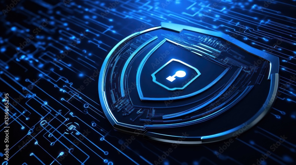 Poster digital shield with key graphic, representing cybersecurity and protection on a circuit board backgr