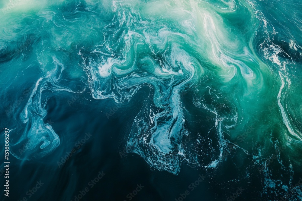 Poster an abstract depiction of ocean waves featuring swirling patterns in vibrant blue and green tones. th