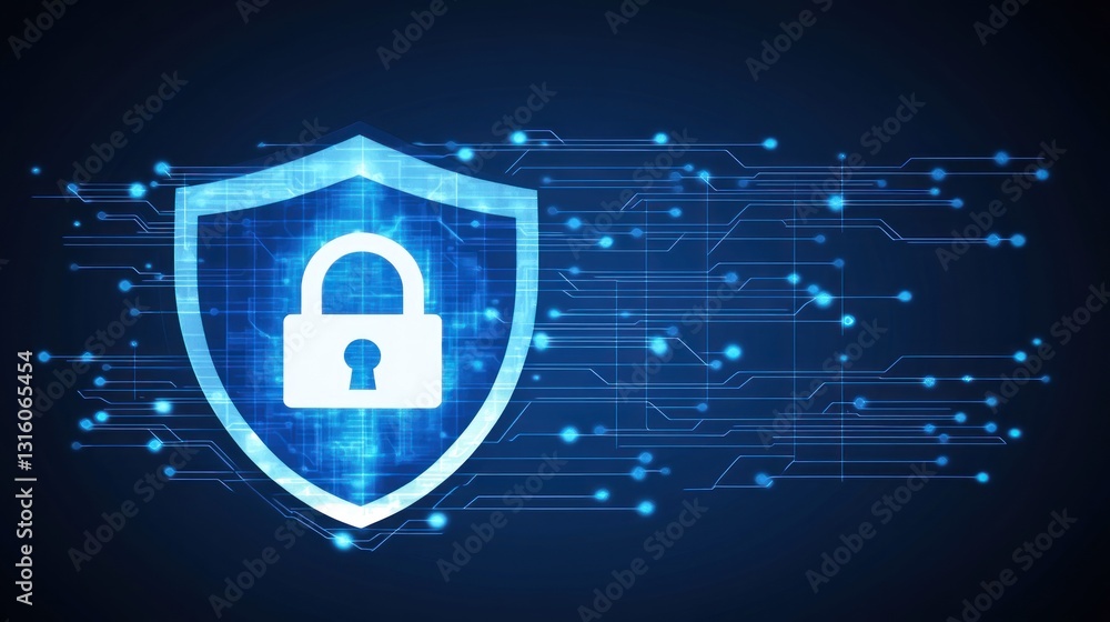 Poster digital shield with lock graphic, representing cyber security and data protection. abstract, futuris