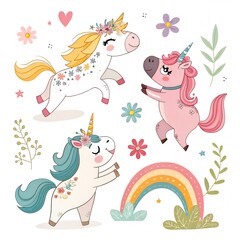 sticker set, colorful unicorn sticker set with whimsical characters