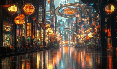 Obraz premium A metropolis with the reflection of light from streets and lanterns, a futuristic city of the future. Smart city, Internet of things. 3d artwork