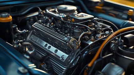 Fototapeta premium A close-up of a car engine with complex mechanical components and shiny metal surfaces, engineering developments and technologies of the automotive structure