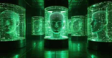 Futuristic prison where inmates are trapped inside their own simulated realities glowing data streams encasing their minds in looping digital cells