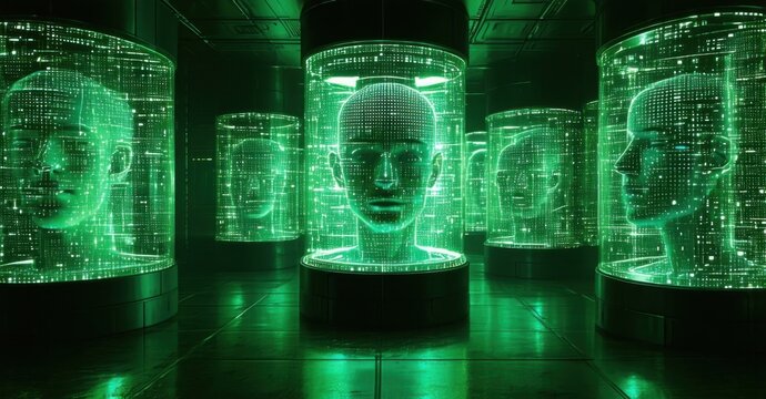 Futuristic prison where inmates are trapped inside their own simulated realities glowing data streams encasing their minds in looping digital cells