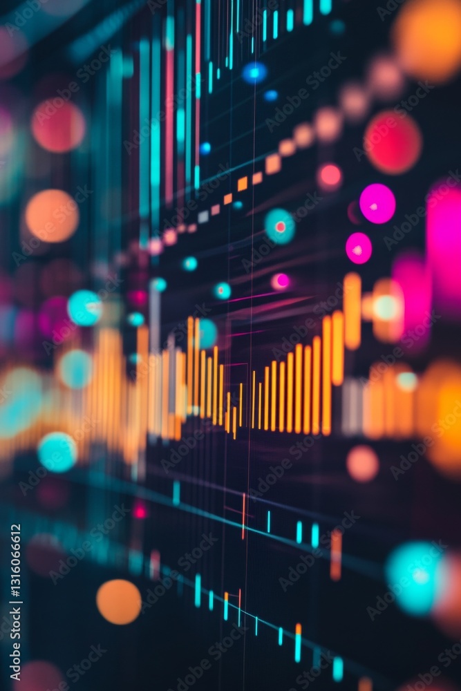 Poster colorful data visualization with abstract patterns and bright highlights representing analytics