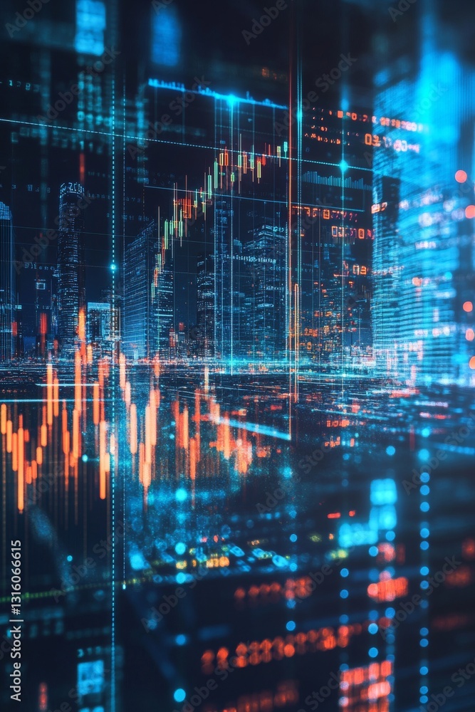 Aufkleber abstract digital cityscape with data visualization and financial analytics in bright colors