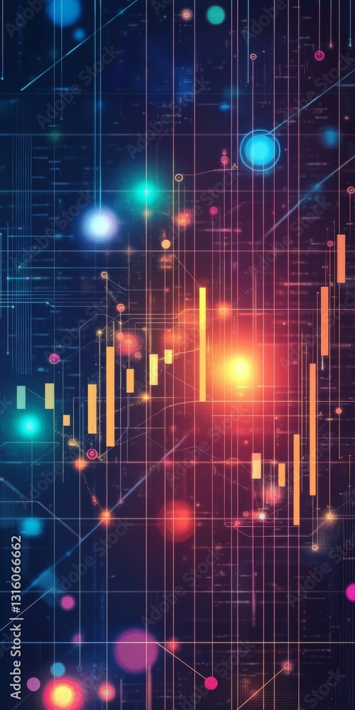 Poster colorful abstract digital data visualization with chart lines and bright lights in a futuristic sett